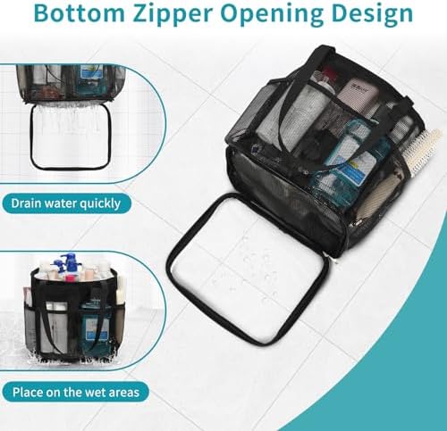 Mesh Shower Caddy Portable for College Dorm Room Essentials, Hanging Shower Caddy with Waterproof Phone Pouch, Large Capacity Shower Bag Basket Tote for Bathroom, Gym, Camping, Swimming, Beach, Black