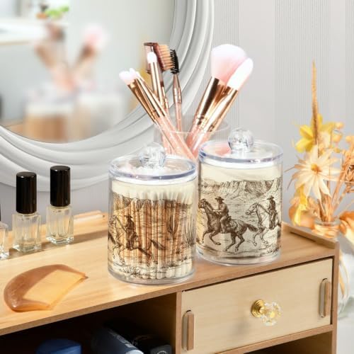 Blueangle 4PCS American West Cowboy Qtip Holder Dispenser with Lids - Apothecary Jar Containers for Vanity Organizer Storage - Plastic Food Storage Canisters