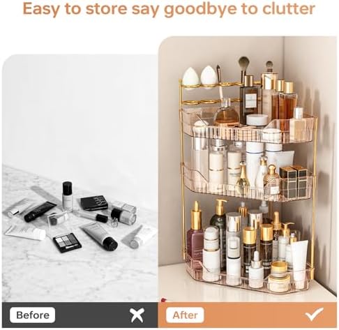 Corner Bathroom Counter Organizer with Makeup Brush Holder & Toothbrush Holders, Makeup Organizer for Vanity Countertop, Acrylic Skincare Storage Shelf (Amber, 3-Tier)
