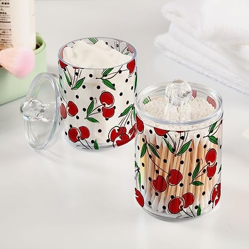 Cherry Fruits Polka Dots Canisters with Lids for Bathroom Vanity, Clear Plastic Jars Set of 4 for Cotton Balls, Cotton Pads, Qtips 4.13 x 2.75 inch