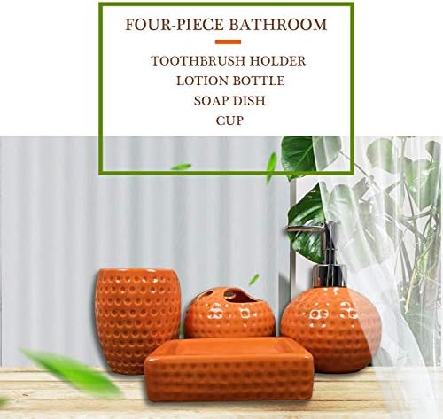 bbruriy 4-Pieces Orange Ceramic Bathroom Decor Accessory Set Includes Soap Lotion Dispenser,Soap Dish,Cup and Toothbrush Holder