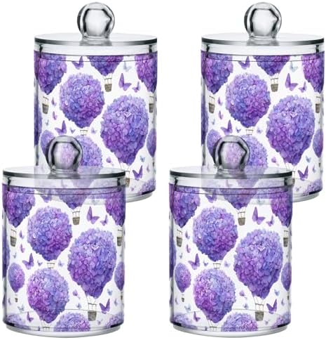 ALAZA Hydrangea Flower Beautiful 4 Pack Qtip Holder Dispenser for Cotton Swabs, Balls, Pads, Floss 10 oz Plastic Canister Organizer