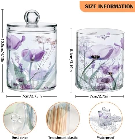 senya Clear Plastic Jars Cotton Swabs Cans, Purple Tulips Flowers Pastel Bathroom Canisters Storage Organizer with Lids 2PCs Set for Cotton Ball, Cotton Swab, flossers, Hair Bands