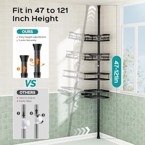 HAMITOR Corner Shower Caddy Tension Pole: Rustproof Stable 4-Tier Bathroom Organizer Shelves for Bathtub Shampoo Storage - 47-121 Inch Quick Install Adjustable Standing Rack with Soap Rack - Black