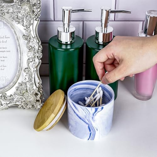Blue Qtips Dispenser, Marble Cotton Ball Holder, Bathroom Storage Jars for Storage Cotton Swab, Round Pads, Floss Picks (2Pcs)