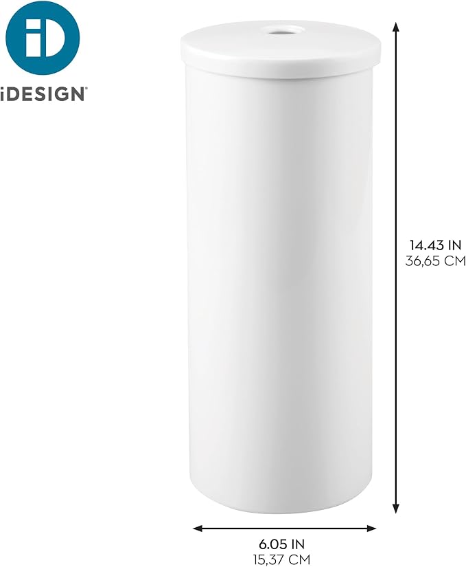 iDesign Freestanding Toilet Paper Canister with Lid, White | For 3 Extra Rolls, Made in USA