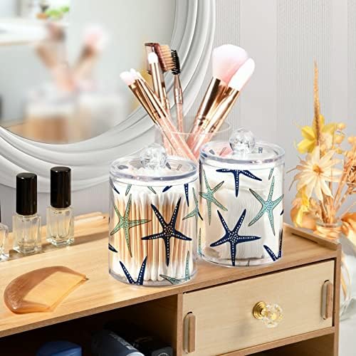 Bathroom Canister Set of 2, Beach Coastal Starfish Navy Blue and Turquoise Plastic Jars Holder Dispense Qtip Holder Storage Jars with Lids,Home Decor