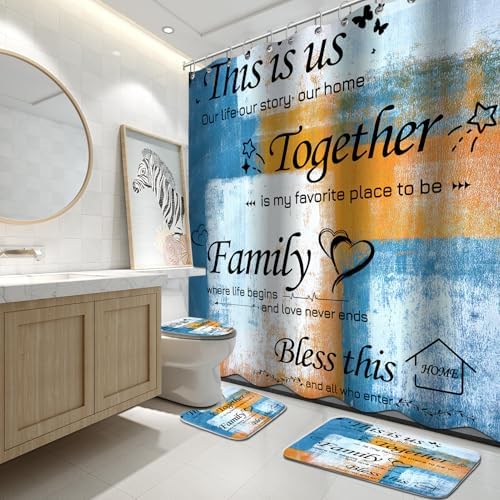Lnond 4Pcs Shower Curtain Set with Toilet Lid Cover and Non-Slip Rugs for Bathroom,Orange Blue Abstract Motivational Bathroom Sets with Shower Curtain and Rugs
