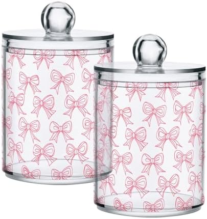 2 Pack Qtip Holder Dispenser with Lids, Cute Pink Bows Plastic Storage Containers, Bathroom Canisters Organizer for Cotton Swab, Cotton Round Pads, Floss 21219887
