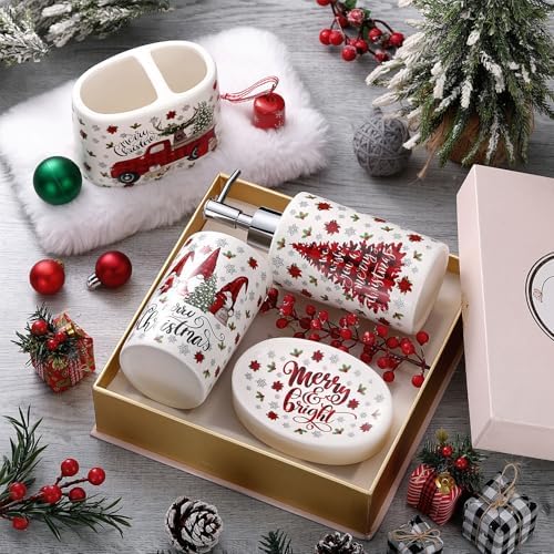4 Pcs Christmas Ceramic Bathroom Accessories Gifts Xmas Bath Tumbler Xmas Tree Soap Dispenser Toothbrush Holder Soap Tray Merry Christmas Bathroom Decorations(Red and Black Plaid)