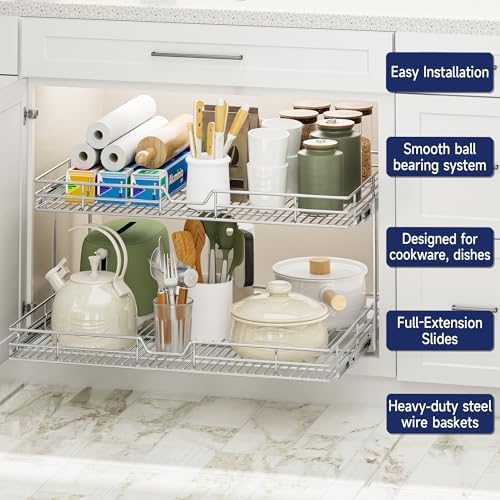 2-Tier Pull Out Cabinet Organizer, 27" W x 21.5" D, Heavy Duty Dual Slide Out Shelves for Wide Base Cabinets, Chrome Wire Basket Drawer for Pots, Pans, Pantry & Cleaning Supplies