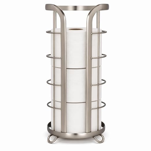 BROOKSTONE Toilet Paper Holder Stand Reserve - Free Standing Toilet Paper Stand with Storage that Holds Mega Rolls, Standing Bathroom Tissue Organizer, Bathroom Decor - Modern Storage Holder, Nickel