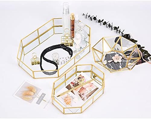 Heart-Shaped Vintage Gold Mirror Glass Vanity Tray,Ornate Geometric and Brass Plated Display Storage Organizer for Makeup Brushes/Lipstick/Skincare/Perfumes/Beauty Room/Bathroom Accessories