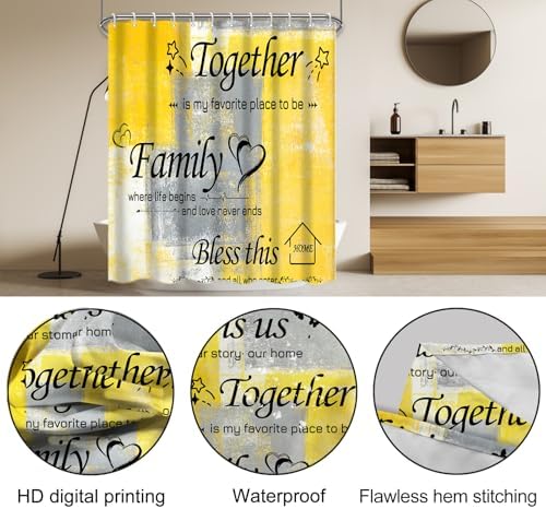 Lnond 4Pcs Shower Curtain Set with Toilet Lid Cover and Non-Slip Rugs for Bathroom,Yelloe Grey Abstract Motivational Bathroom Sets with Shower Curtain and Rugs