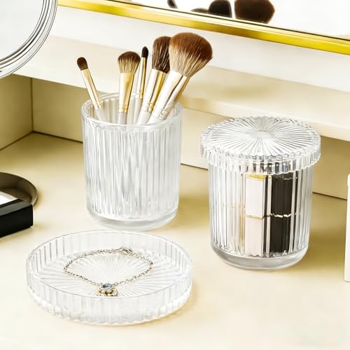 Glass Qtip Dispenser 2 Pack, Clear Bathroom Storage Organizer for Cotton Swabs, Balls, Pads & Floss Picks, Vanity Makeup Essential Accessories (Clear)