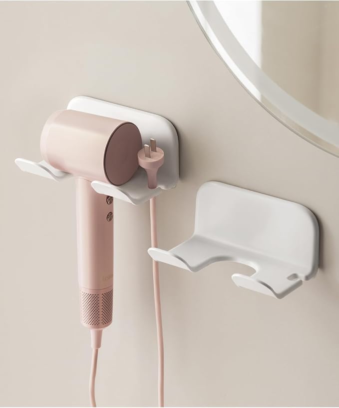 Universal Hair Dryer Holder Wall Mount -2PCS Adhesive Blow Dryer Holder With Plug Slot Organizer Hanger for Bathroom Cabinet Storage, Fits Most Hair Dryers, White