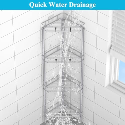 HuggieGems Metal Floor Standing Corner Shower Caddy, Silver, 4 Tier