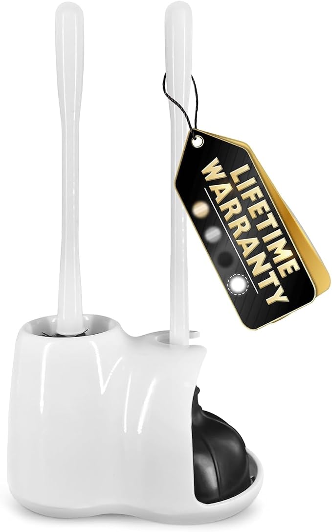 2 in 1 Toilet Plunger and Brush Set White - Toilet Brush and Plunger Set White with Stiff Bristles, Strong Vacuum Suction and Holder - Space-Saving Stand, Fits Most Standard Toilets, 6.4×5.5×17.1 inch