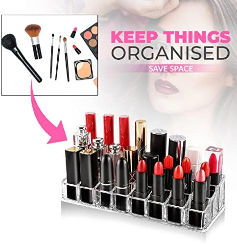 Vante Lipstick Holder - Acrylic Makeup Organizer Stand for Multipurpose Storage for Vanity- Lip Gloss Tubes, Balm, Mascara, Skincare- Clear Cosmetic Display Case with 24 Compartments