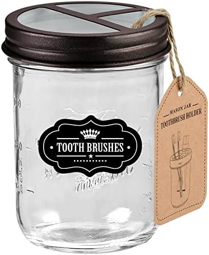 3 Pack Apothecary Jar Canisters Bathroom Vanity Organizer for Qtips,Cotton Swabs+Mason Jar Toothbrush Holder with 16 Ounce Ball Mason Jar - Rustic Farmhouse Decor Black Bathroom Accessories - Bronze