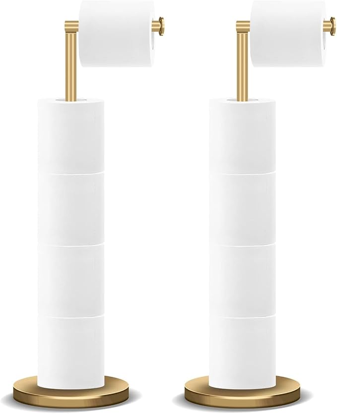 RRM Toilet Paper Holder Stand, Bathroom Free Standing Toilet Paper Holder with Reserve Storage 3-4 Toilet Paper Rolls (Golden) (Pack of 2)