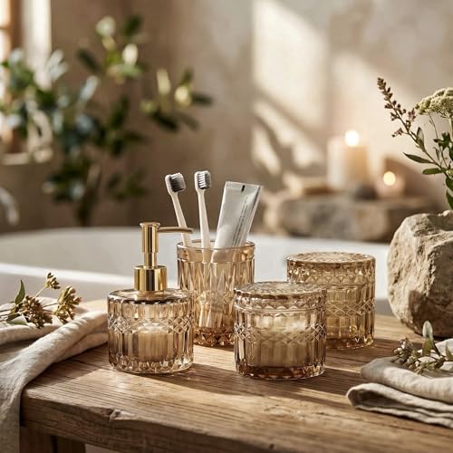 LaMarriti Brown Bathroom Accessories Set, 4Pcs Clear Glass Bathroom Set, Soap Dispenser and Toothbrush Holder Set, Qtips Holder, Soap Dish for Crystal Modern Bathroom Decor, Countertop Organizer