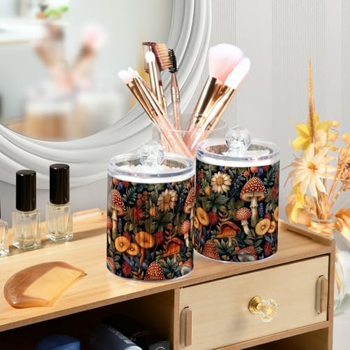 Retro Mushrooms and Flowers Qtip Holder Dispenser Set of 2, Clear Apothecary Plastic Jars Bathroom Counter Organizer for Cotton Ball, Swab, Floss, Makeup Sponges, Hair Clip 10 Oz