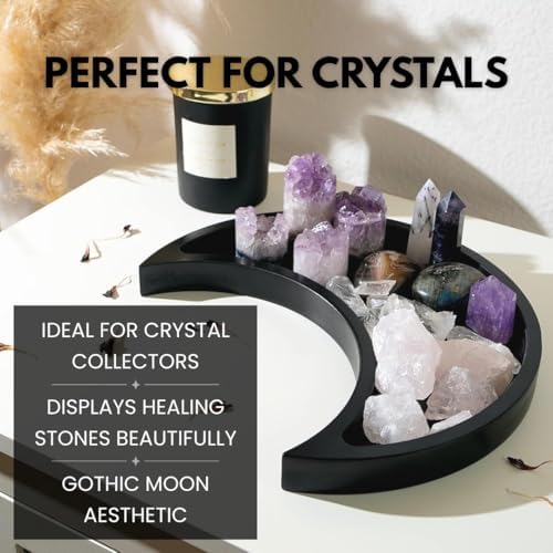 Black Moon Crystal Display Tray - Gothic Wooden Altar Tray 10.5" x 5" for Crystals and Stones Storage - Solid Wood Jewelry Organizer Dish - Spiritual Decor