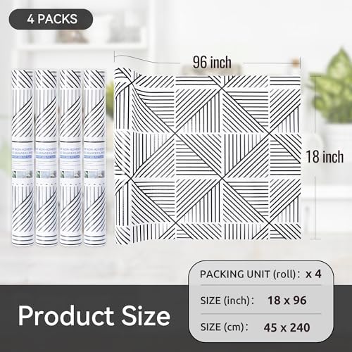 FIFTY FEET 18"x96" Non-Adhesive Shelf Liner for Kitchen Cabinets and Drawers, Washable Non-Slip PVC Cabinet Liner (Black Modern)(4 Roll)