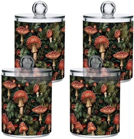 4 Pack Qtip Dispenser Retro Mushrooms and Leaves Apothecary Jars with Lids Bathroom Canister Storage Organization for Cotton Ball, Swab, Floss, Makeup Sponges, Hair Clip 10 Oz