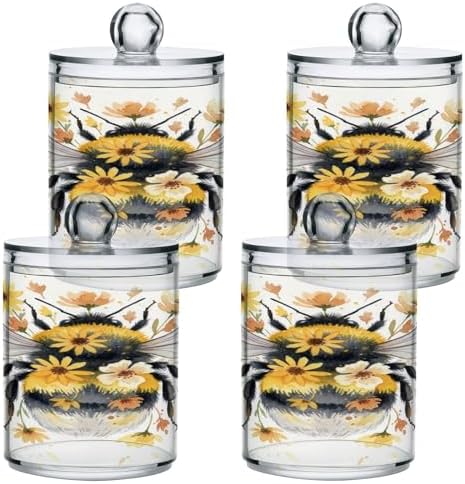 ALAZA Bumble Floral Bee 2 Pack Qtip Holder Dispenser for Cotton Swabs, Balls, Pads, Floss 10 oz Plastic Canister Organizer