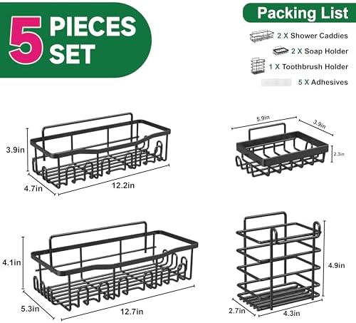 Shower Caddy 5 Pack Rustproof Stainless Steel Bath Organizers With Large Capacity, No Drilling Shelves, Adhesive Shower Caddy, for Bathroom Storage & Home Decor, SC02, Black