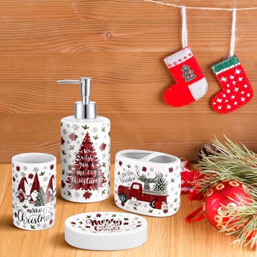 4 Pcs Christmas Ceramic Bathroom Accessories Gifts Xmas Bath Tumbler Xmas Tree Soap Dispenser Toothbrush Holder Soap Tray Merry Christmas Bathroom Decorations(Red and Black Plaid)
