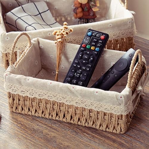 Wicker Storage Baskets with Handle and Liner, Rectangular Natural Paper Rope Woven Shelf Baskets for Organizing, Storage Bins Organizers for Living Room Bedroom Bathroom Tabletops(Set of 2)