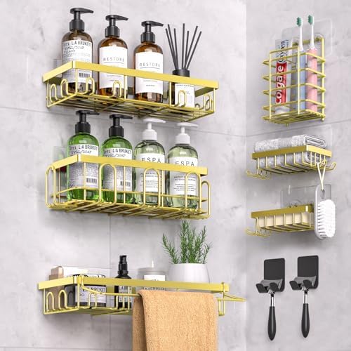 DTUQYX Shower Caddy 9 Pack,Adhesive Organizer for Bathroom Decor Accessories & Kitchen Storage,No Drilling,Large Capacity,Rustproof Stainless Steel Organizer,Home Decor Shelves (Yellow 9 Pack)