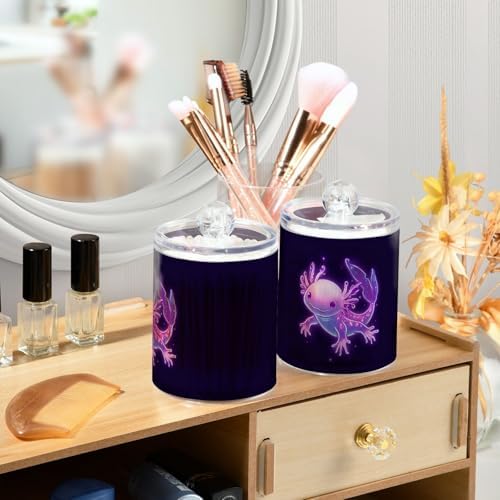 Fustylead 2 Pack Neon Purple Cute Axolotl Plastic Apothecary Jar Set for Cotton Swab, Ball, Pad, Floss, Qtip Holder Dispensers for Bathroom Storage Organizer