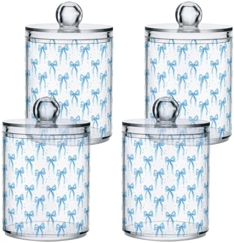 Gredecor 4 Pack Qtip Holder Clear Blue Ribbon Bow Watercolor Apothecary Jars with Lids Acrylic Bathroom Jars Vanity Countertop Canister Storage Organizer for Cotton Ball,Swabs,Pads,Floss