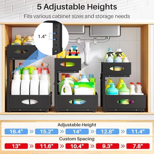 Under Sink Organizer, 2 Tier Pull Out Under Cabinet Organizer Shelf with Pad for Framed Cabinets, Metal Slide Out Under Sink Storage, Mesh Sliding Drawers for Kitchen Bathroom Laundry(Black, 1 Pack)