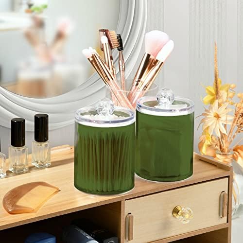 SHJI Dark Olive Green Qtip Holder Organizer Dispenser Cotton Swabs Cans Plastic Jars with Lid Set 4 Pack Bathroom Storage Canister for Cotton Ball Floss Cotton Pads