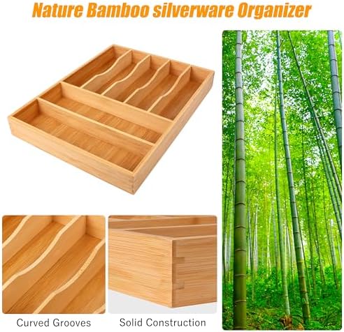 Bellsal Bamboo Silverware Drawer Organizer, Kitchen Utensil Drawer Organizers, 12"x15.7" Utensils Holder Cutlery Tray with Grooved Drawer Dividers for Kitchen Flatware Bedroom Office(7 Slot, Natural)