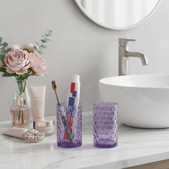 Bathroom Toothbrush Holder Set, 11oz Purple Glass Toothbrush Holder and Bathroom Tumbler Cup Set, Decorative Countertop Storage Cups Organizer for Toothpaste, Brushes