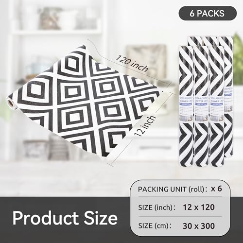 FIFTY FEET 12"x120" Non-Adhesive Shelf Liner for Kitchen Cabinets and Drawers, Washable Non-Slip PVC Cabinet Liner (Black Plaid)(6 Roll)