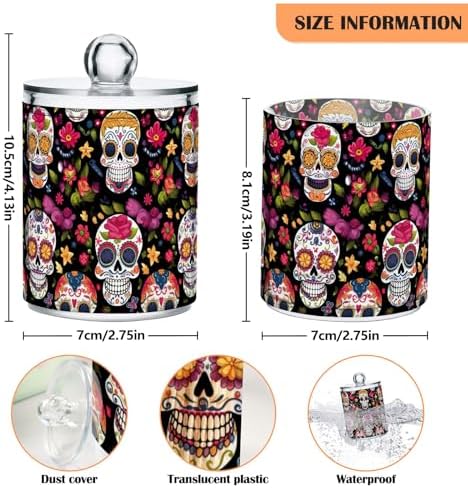 4 Pack Sugar Skulls with Flowers Qtip Holder Dispenser 10 Oz Apothecary Jars Bathroom Storage Containers for Cotton Pads, Cotton Ball, Cotton Swabs, Floss Picks
