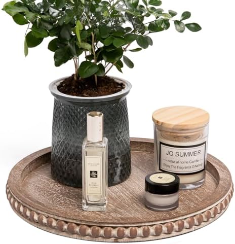 HPC Decor 12in Round Gray Wood Beaded Tray - Decorative Living Room, Coffee Table, Kitchen Table, Dining Room or Farmhouse Serving Tray