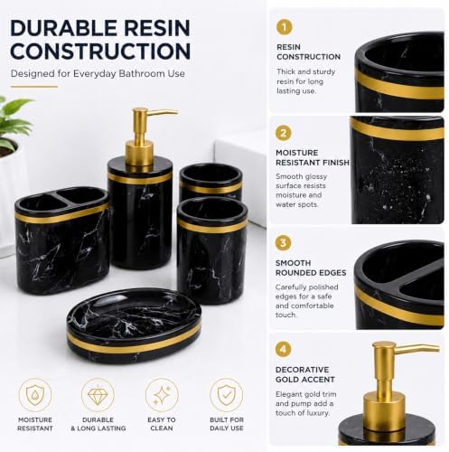 5-Piece Bathroom Counter Top Accessory Set - Dispenser for Liquid Soap or Lotion, Soap Dish, 2 Tumblers and Toothbrush Holder, Marble Pattern Resin (Classic Black)