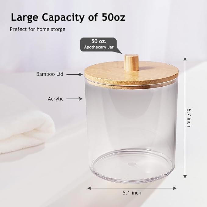 SheeChung 4 pack 50oz Large Apothecary Jar with Natural Bamboo Lid -Shatterproof Laundry Pods Container -Clear Plastic Storage Canister for Scent Beads&Bath Salts with Labels&Spoon