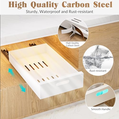 HBL' 2 Pack | 21" Deep Pull Out Cabinet Organizer Adhesive, 12-Inch Wide Sturdy Carbon Steel Roll-Out Drawers, Designed for Frameless Cabinets, Slide-Out Shelves for Pantry.