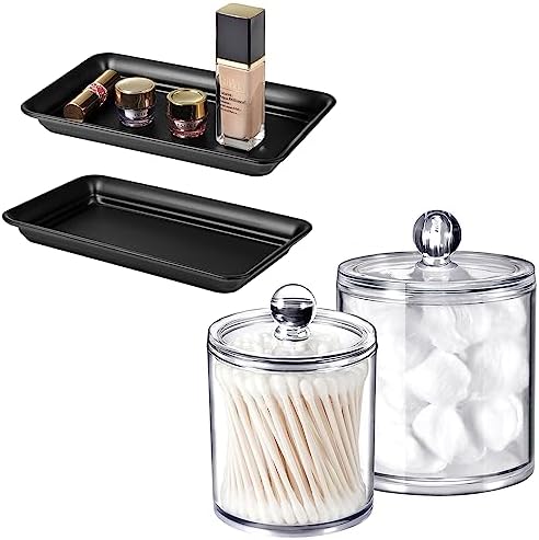 SheeChung Qtip Dispenser Holder Bathroom Vanity Organizer Apothecary Jars Canister Set for Cotton Ball，2 Pack,15 Oz. & 20 Oz.&Vintage Farmhouse Decor Metal Vanity Tray(Black，2 Pack)