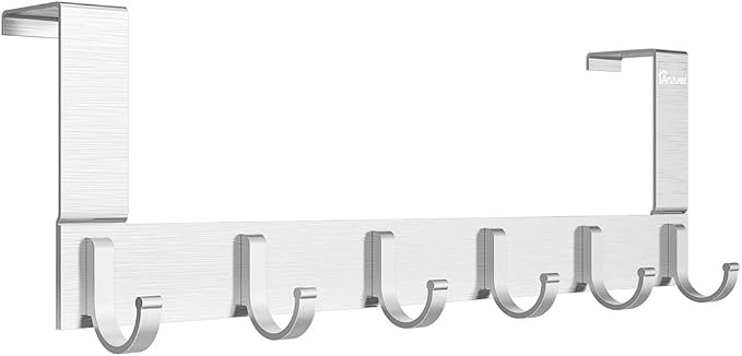Door Hooks Hanger Rack, Aluminum Utility Organizer Holder for Kithchen Bathroom, 6 Hooks Over the Door Hanger Silver