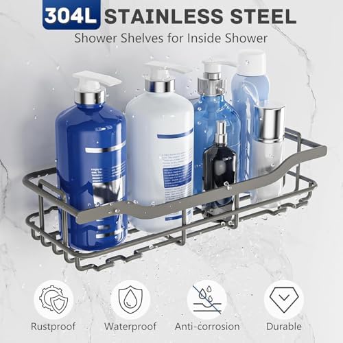 OMAIRA 3-Pack Shower Caddy with Soap Holder, Adhesive Rustproof No-drill Strudy Loading Inside Shower Organizer Shelves Rack Storage Bathroom Organization for Smooth Wall Glass Tile, Grey (XX-Large)